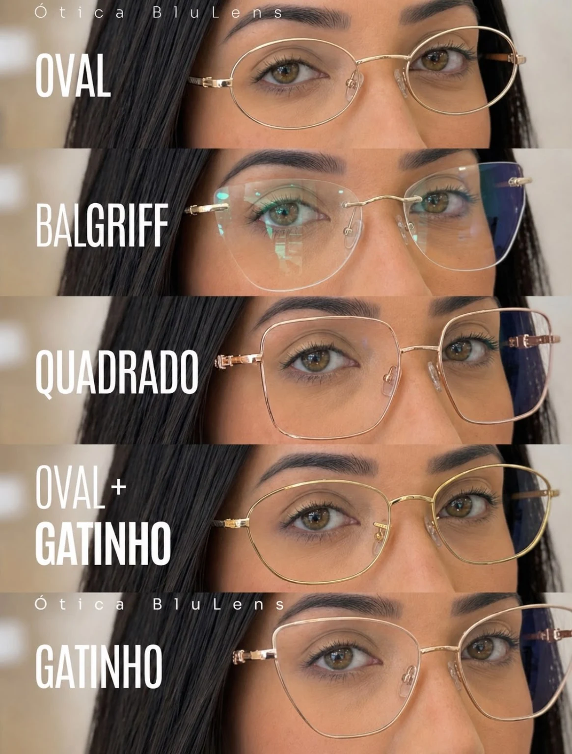 Guia de formatos de armação feminina da Ótica Blulens com modelos oval, balgriff, quadrado, oval gatinho e gatinho
