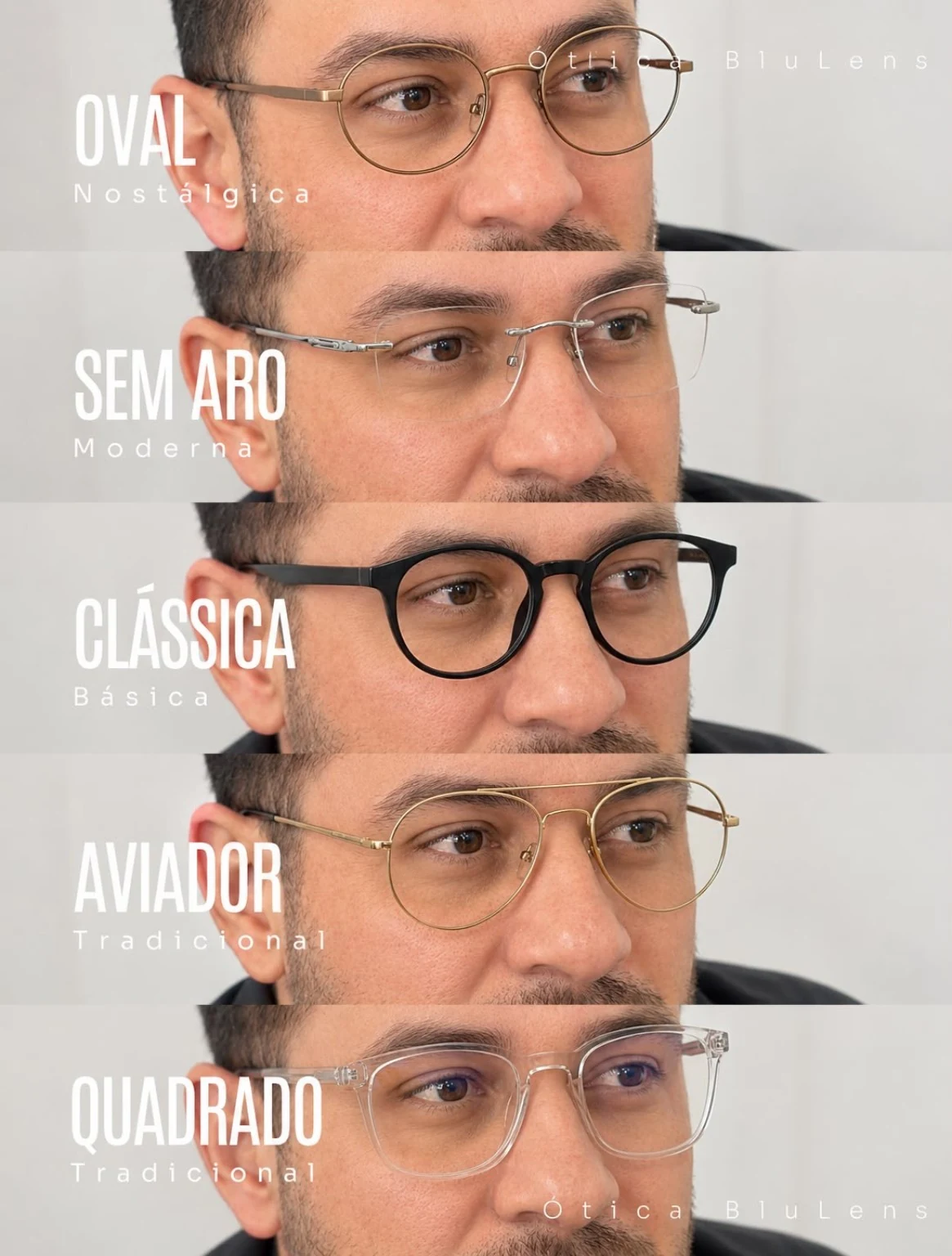 Guia de formatos de armação masculina da Ótica Blulens com modelos oval, sem aro, clássica, aviador e quadrado